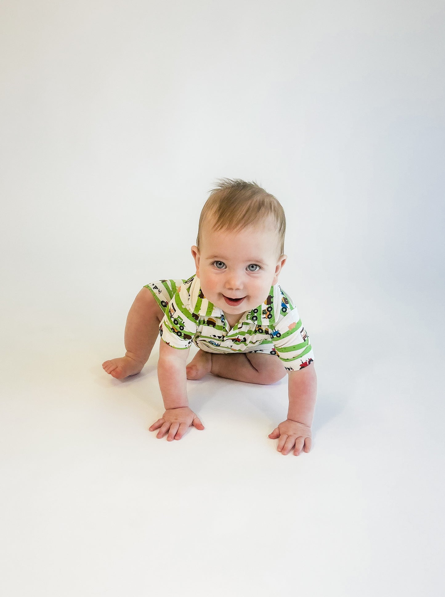 SS Polo Romper - Farm Stripes