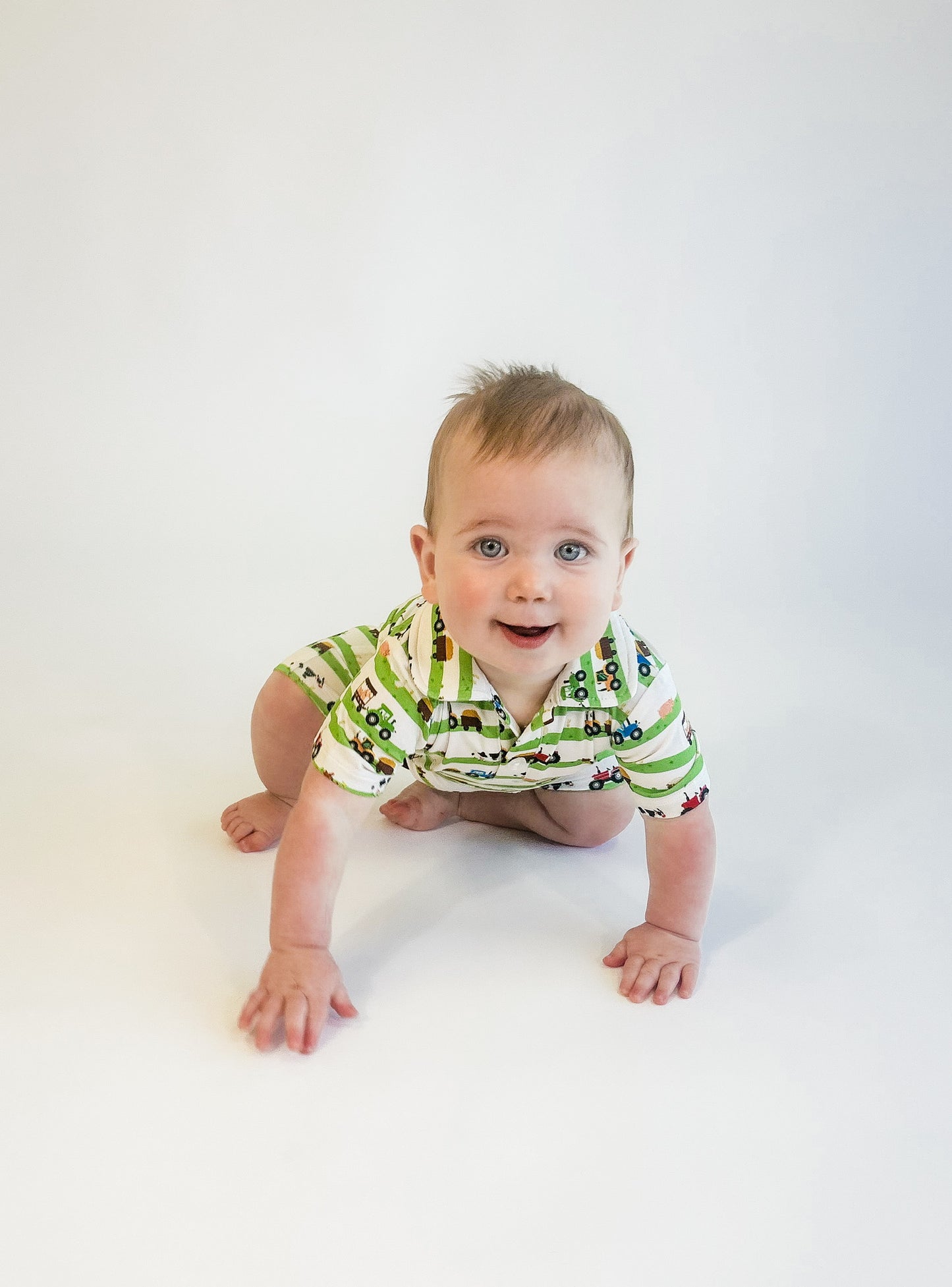 SS Polo Romper - Farm Stripes