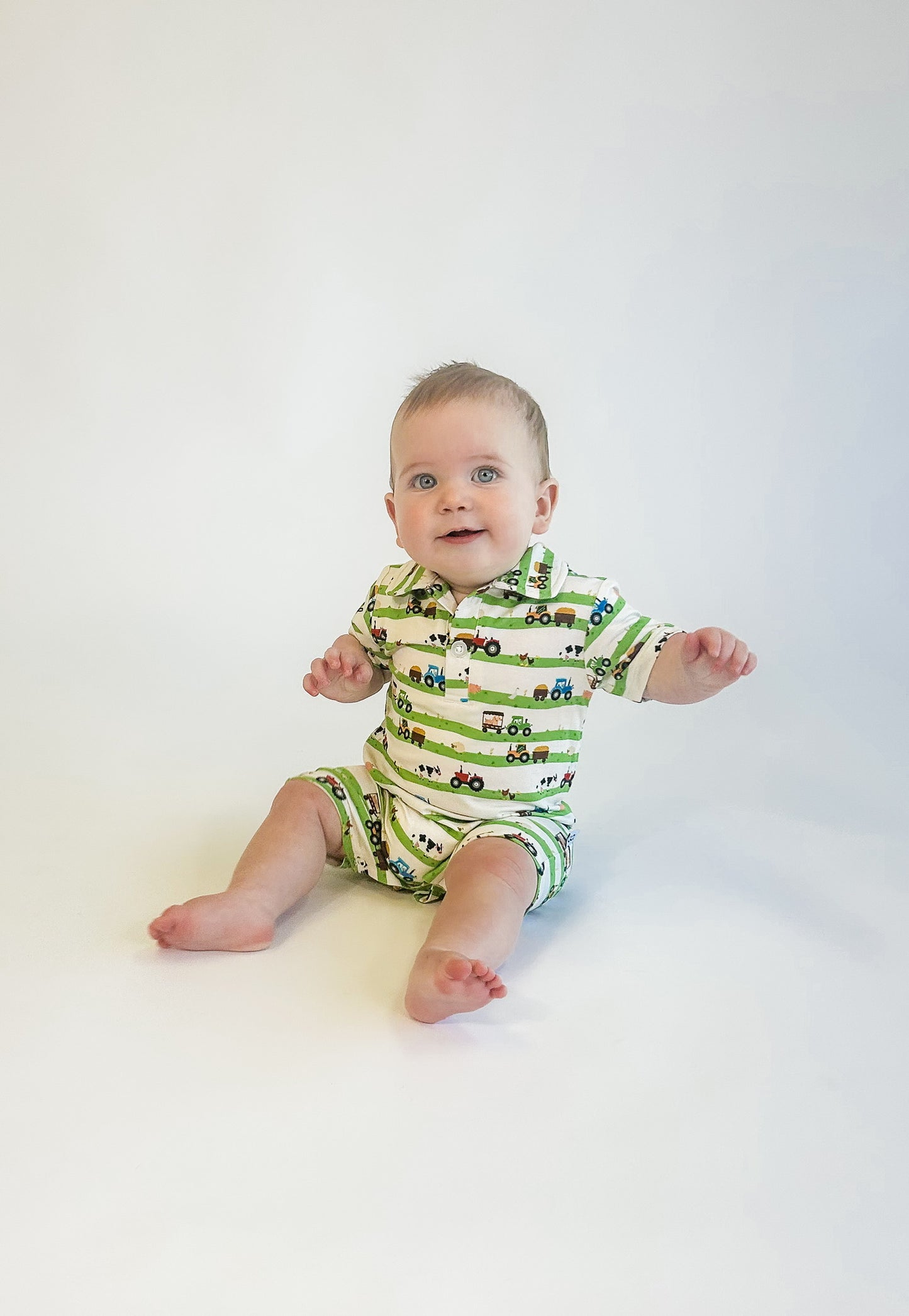 SS Polo Romper - Farm Stripes