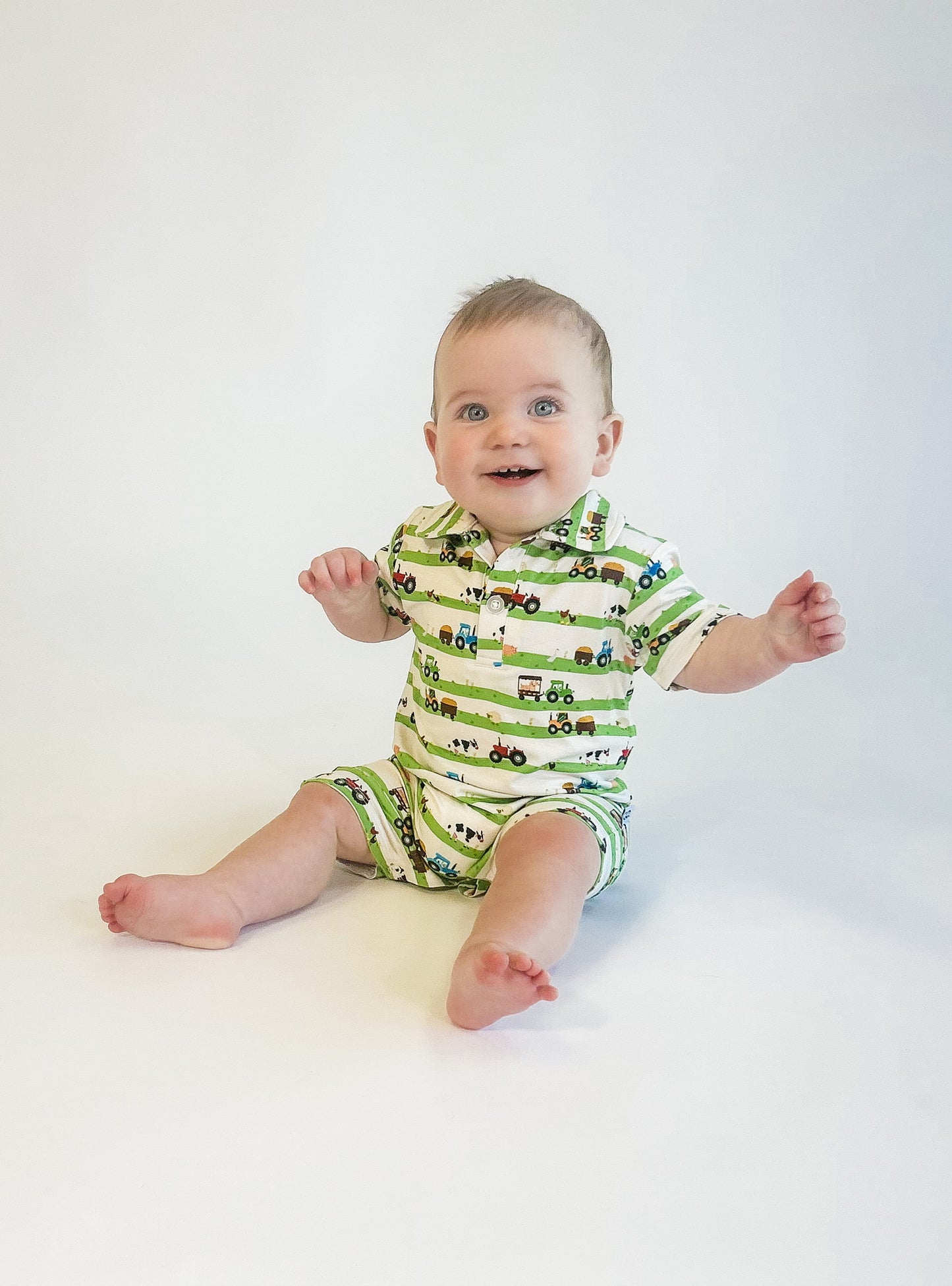 SS Polo Romper - Farm Stripes