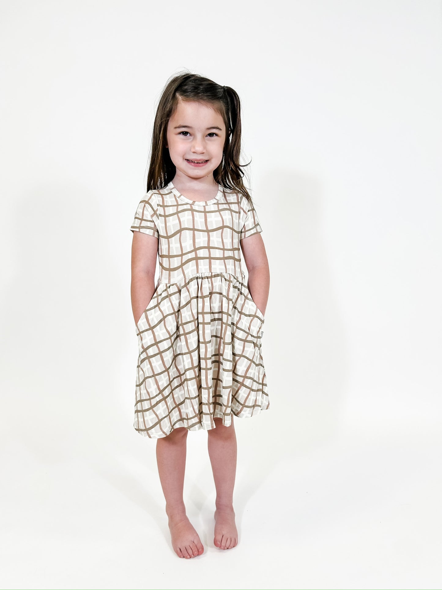 Short Sleeve Pocket Dress - Tan Wavy Plaid (FINAL SALE)
