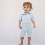 SS Polo Romper - Gingham in Cottage Blue