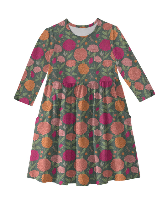 3/4 Sleeve Pocket Dress - Dahlias