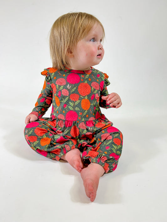 Long Sleeve Flutter Romper- Dahlias