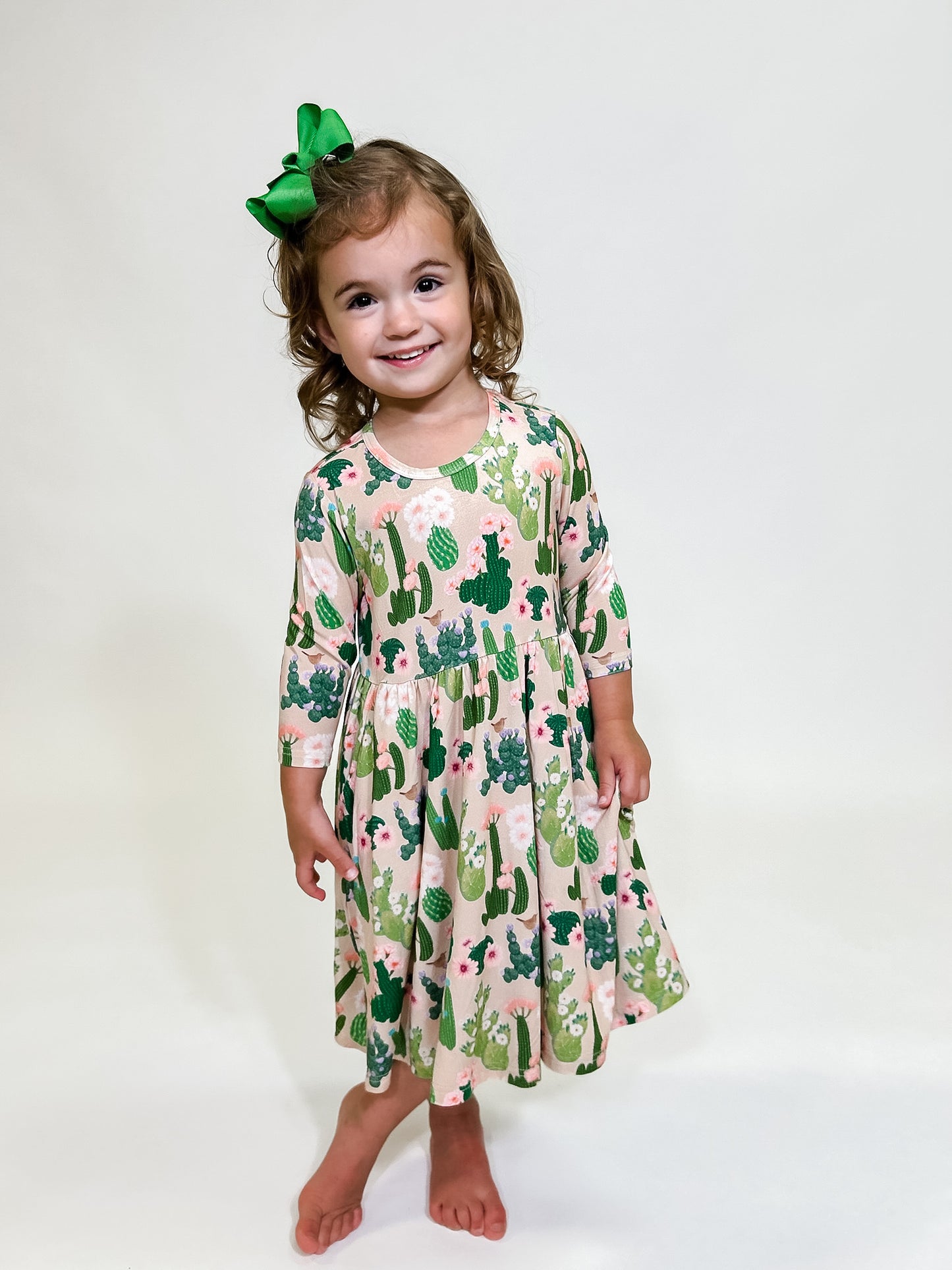 3/4 Sleeve Pocket Dress - Cactus Blooms