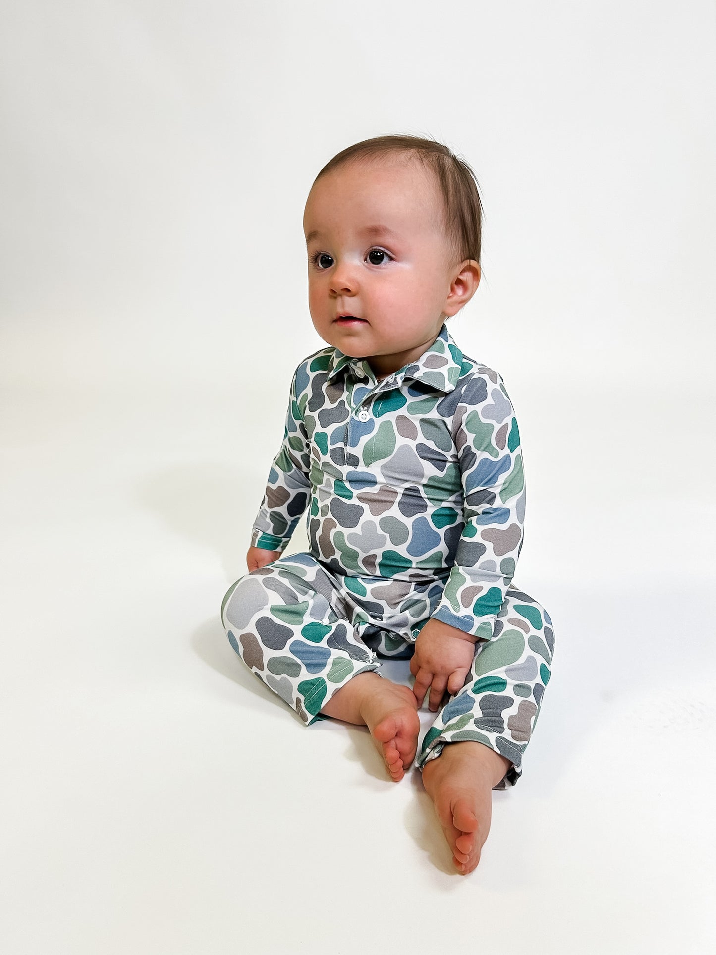 Long Sleeve Polo Romper-Pebble Camo (PREORDER - Ships by 12/1)