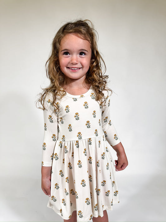 3/4 Dress - Marigold Block Print