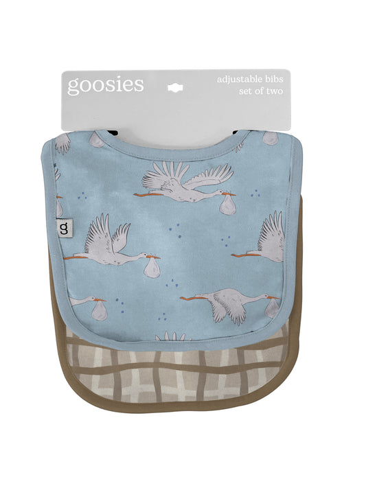 Bib Set of 2 (Stork Blue/Tan Wavy Plaid)