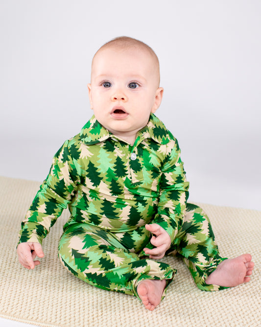 LS Polo Romper - Evergreen Camo