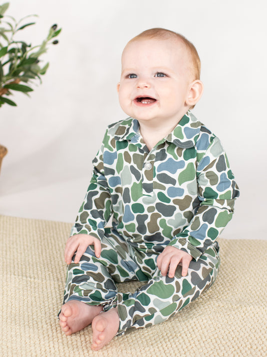 Long Sleeve Polo Romper-Pebble Camo