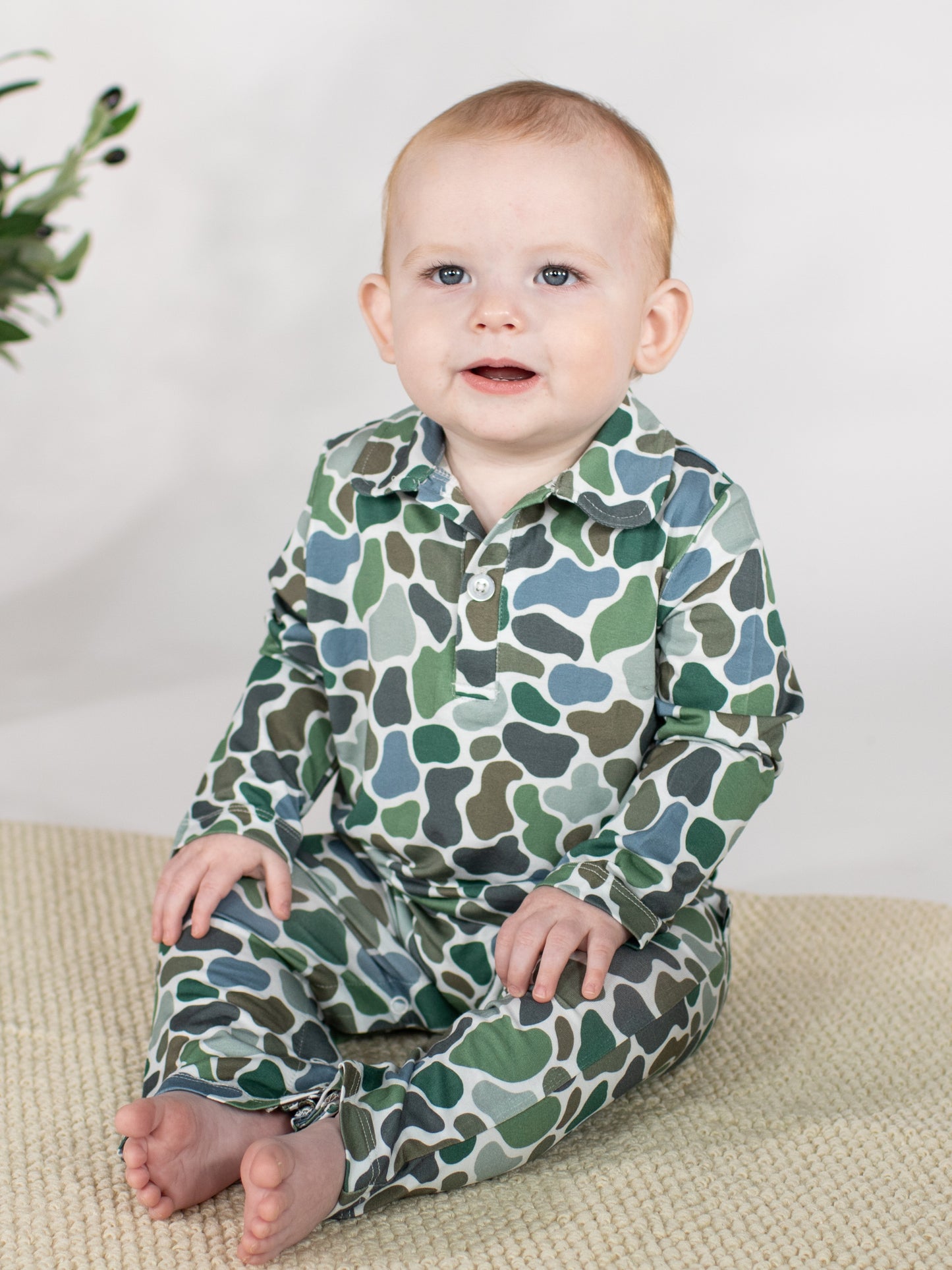 Long Sleeve Polo Romper-Pebble Camo