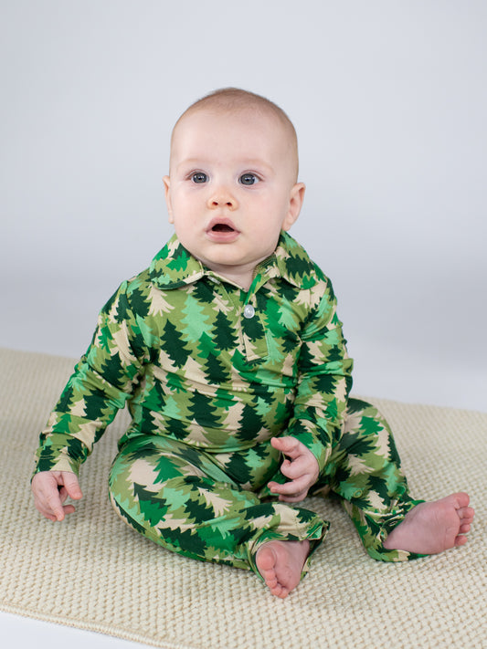 LS Polo Romper - Evergreen Camo