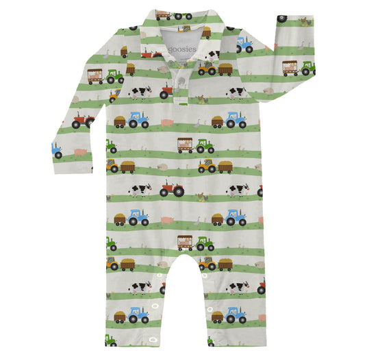 LS Polo Romper - Farm Stripes