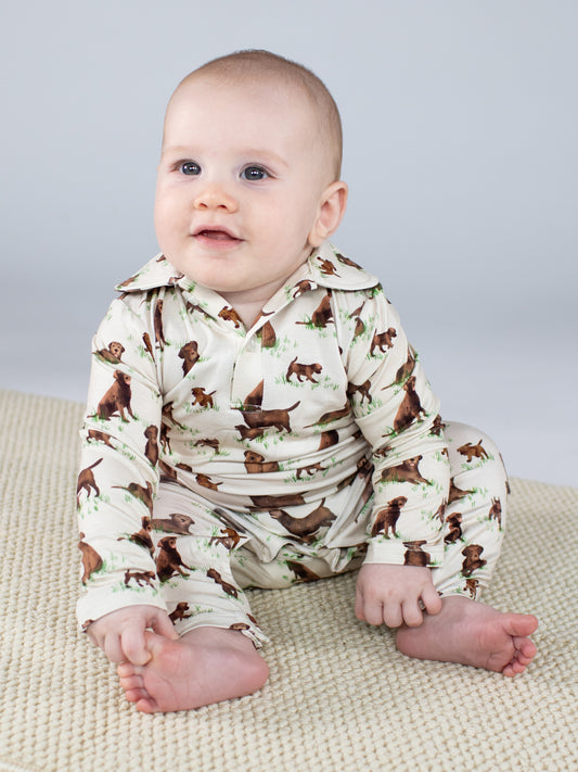 Long Sleeve Polo Romper-Labradors
