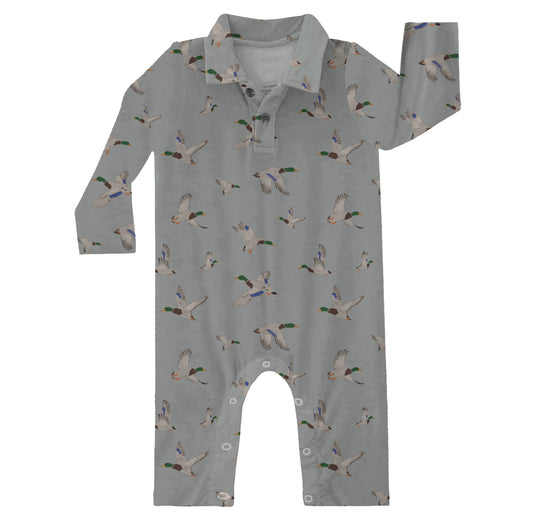 Long Sleeve Polo Romper-Mallards RESTOCK ships by 12/1