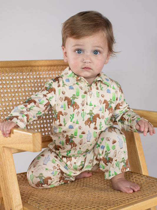 LS Polo Romper - Saddle Up, Cowboy