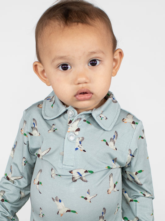 Long Sleeve Polo Romper-Mallards